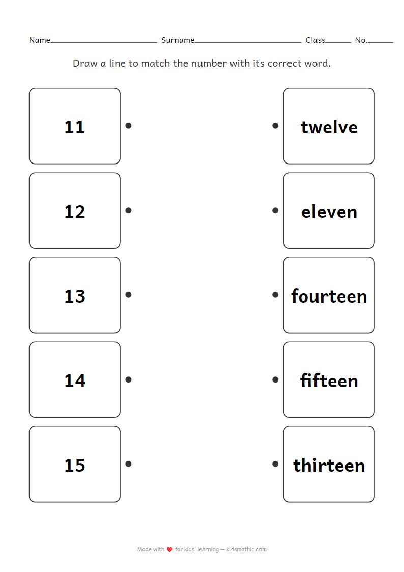 Numbers 11-15 Word Matching Worksheet for Kindergarten