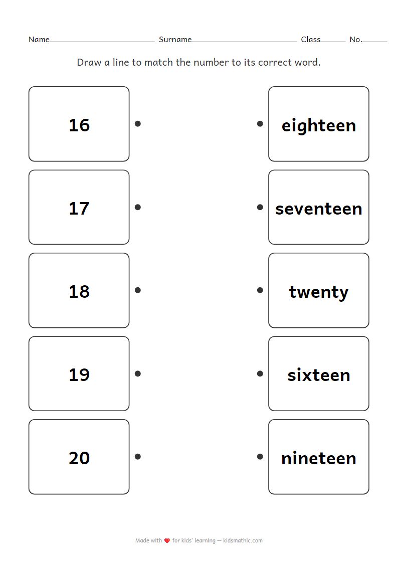 Number Matching Worksheet: 16-20 with Words for Preschoolers