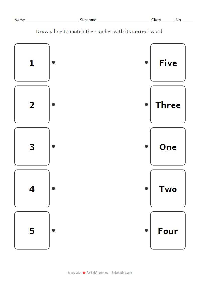 Kindergarten Worksheet: Matching Numbers 1-5 with Words