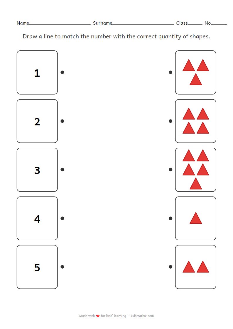 Numbers 1-5 to Shape Quantity Matching Worksheet for Preschoolers