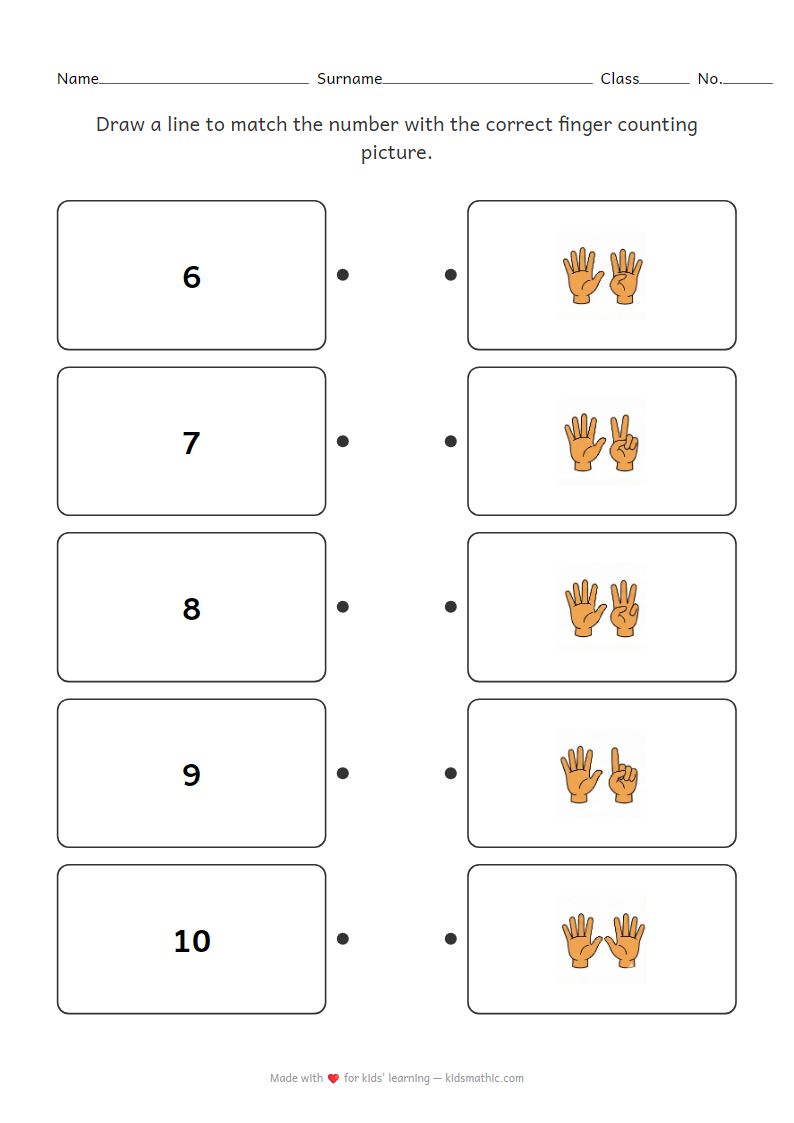 Numbers 6-10 to Finger Counting Matching Worksheet for Preschoolers