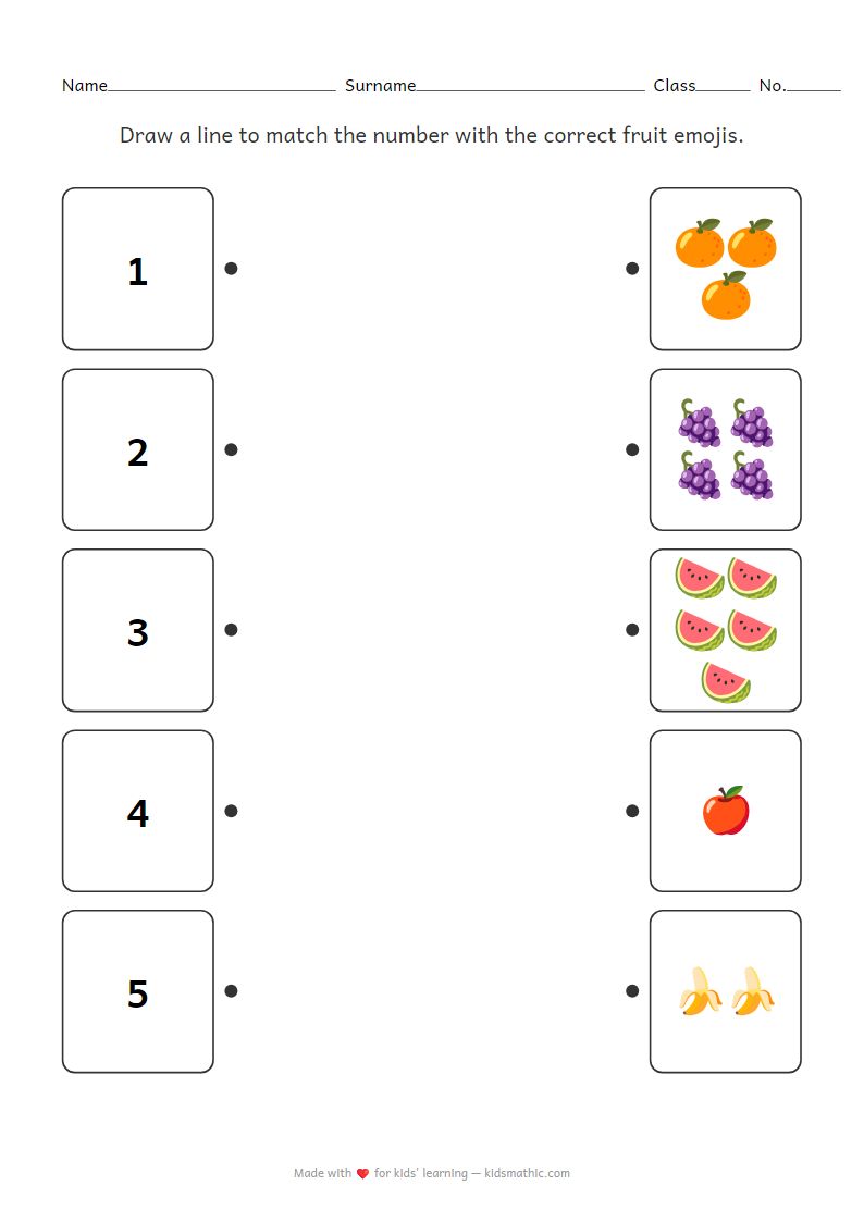 Math Worksheet: Matching Numbers 1-5 with Fruit Emojis for Preschoolers