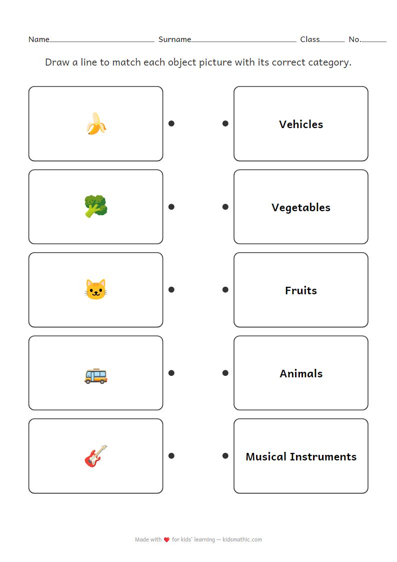 Object to Category Matching Worksheet for Preschoolers