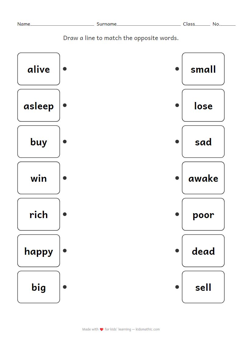 Opposite English Words Matching Worksheet for K3