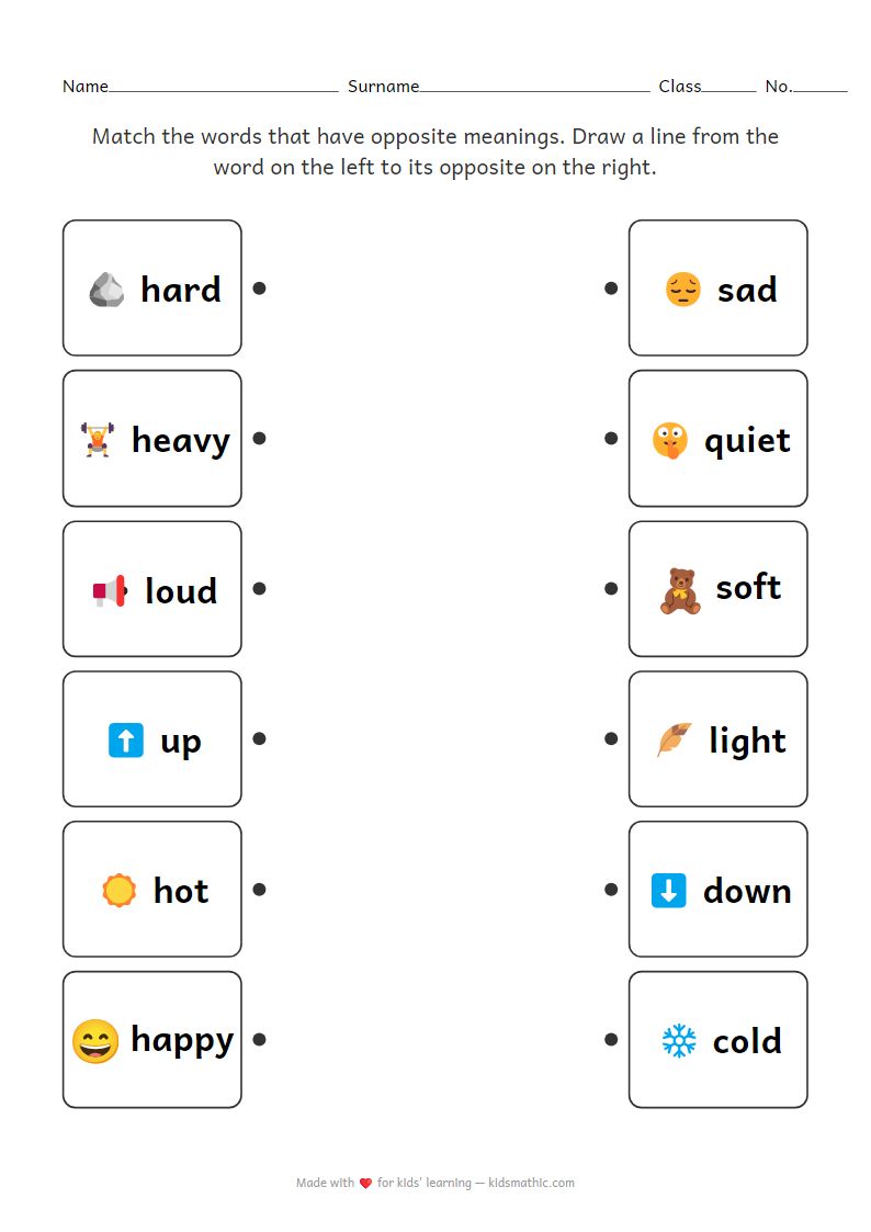 Opposite Words Matching Worksheet for Preschoolers