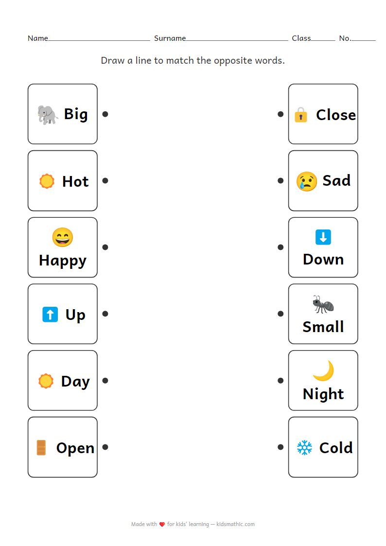 Opposites Matching Worksheet for Preschool Kids