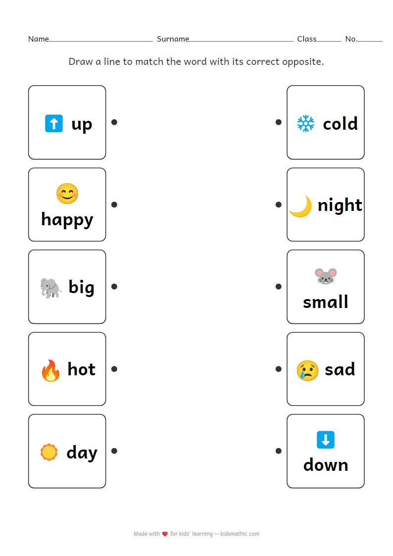Preschool Opposites Matching Worksheet | Vocabulary Fun