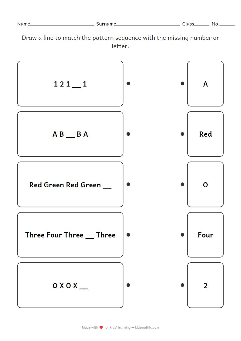 Pattern Sequence Matching Worksheet for Grade 1 Kids