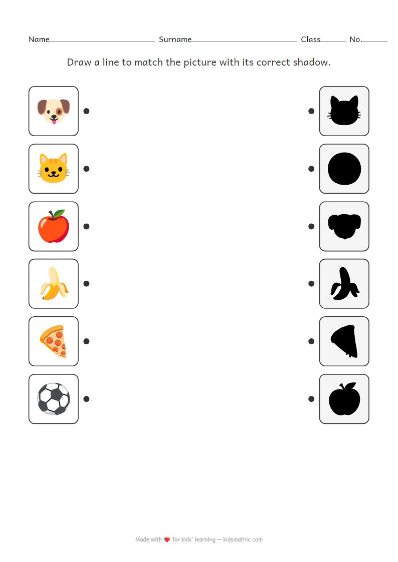 Shadow Matching Worksheet: Animals, Fruits, Food, and Sports for Preschoolers