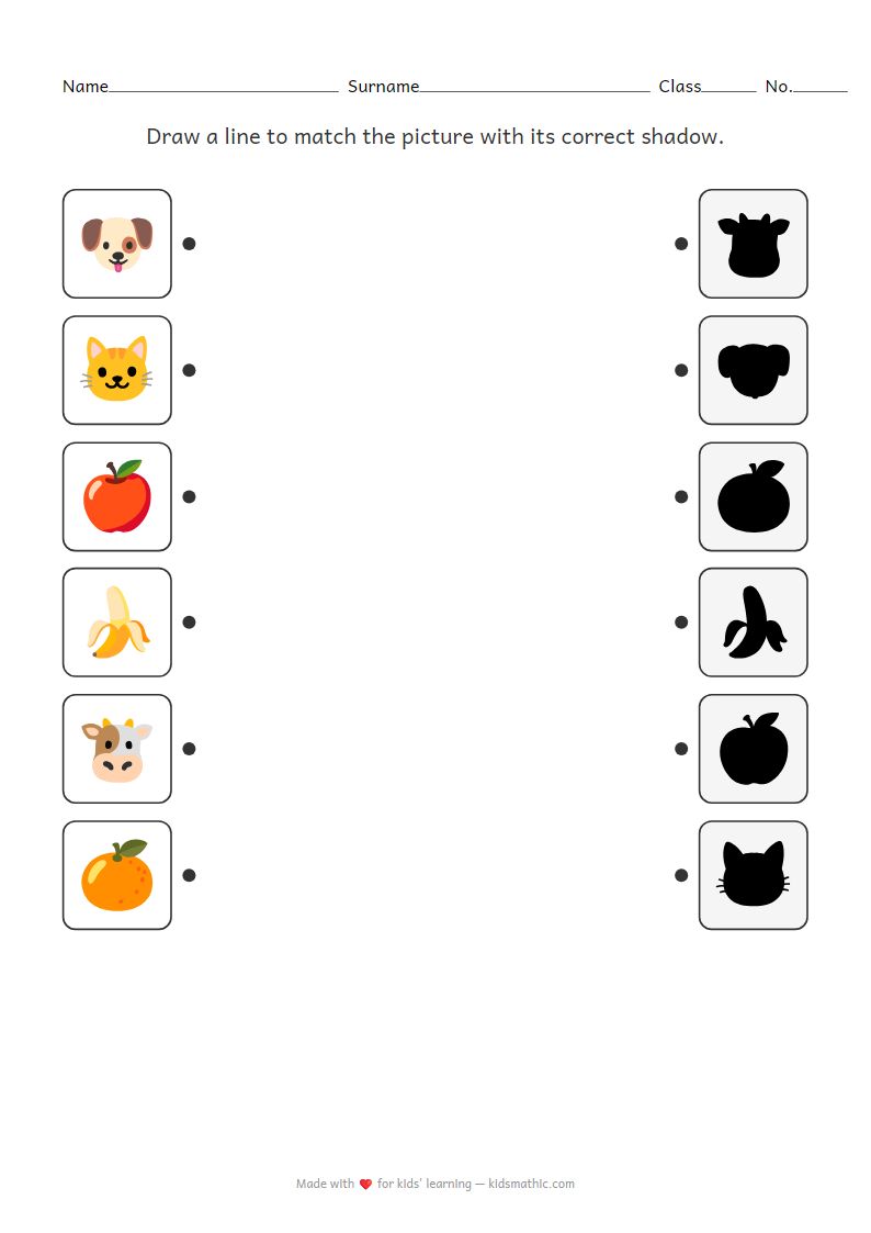 Shadow Matching Worksheet: Animals and Fruits for Preschoolers