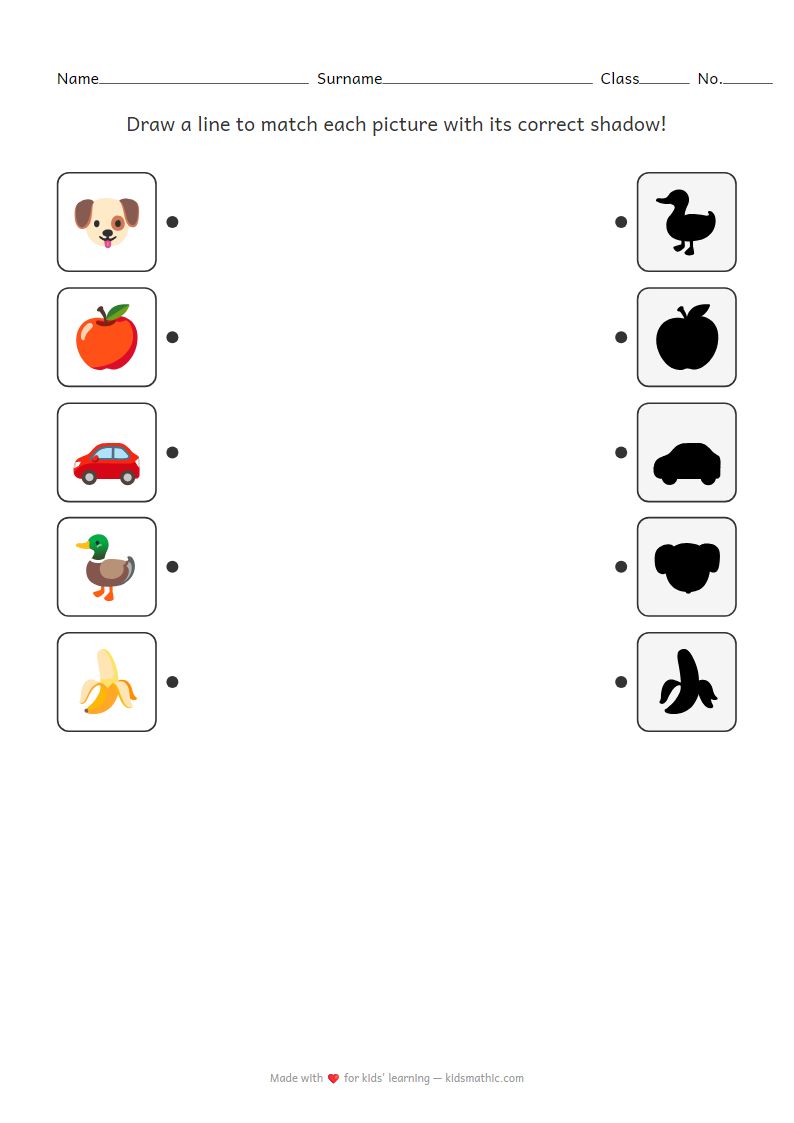 Shadow Matching Worksheet: Animals, Fruits, and Vehicles for Preschoolers