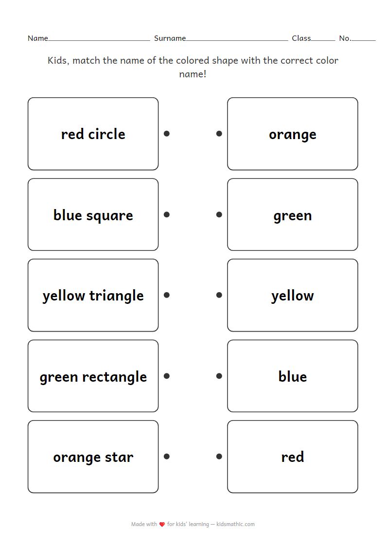 Kindergarten Worksheet: Match Shapes and Colors