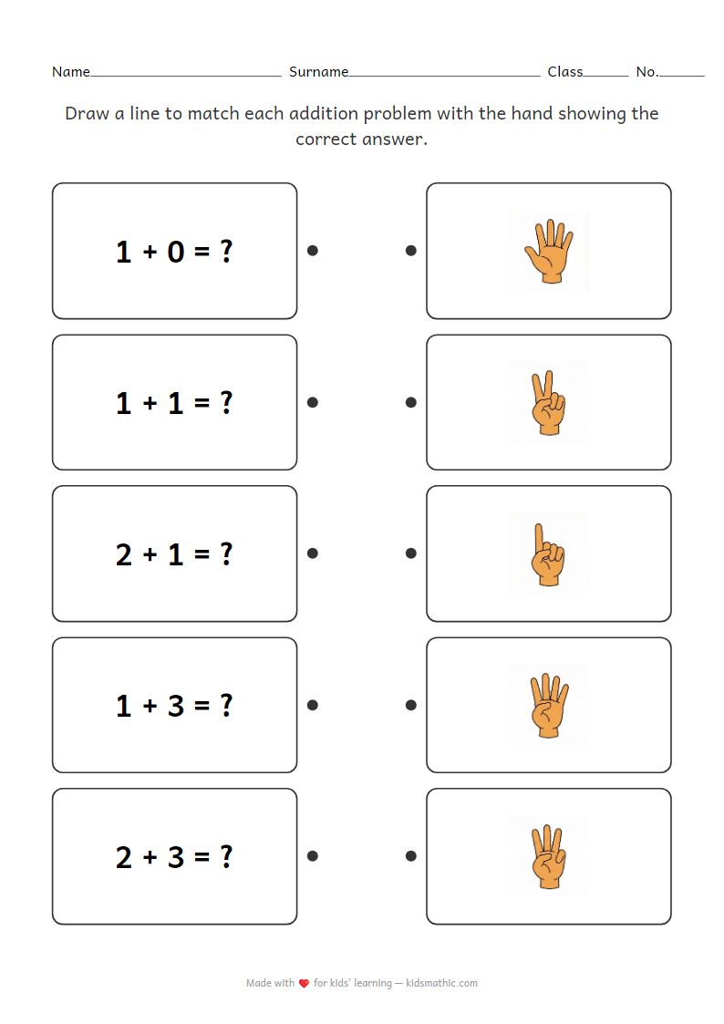 Kindergarten Simple Addition to Finger Counting Matching Worksheet