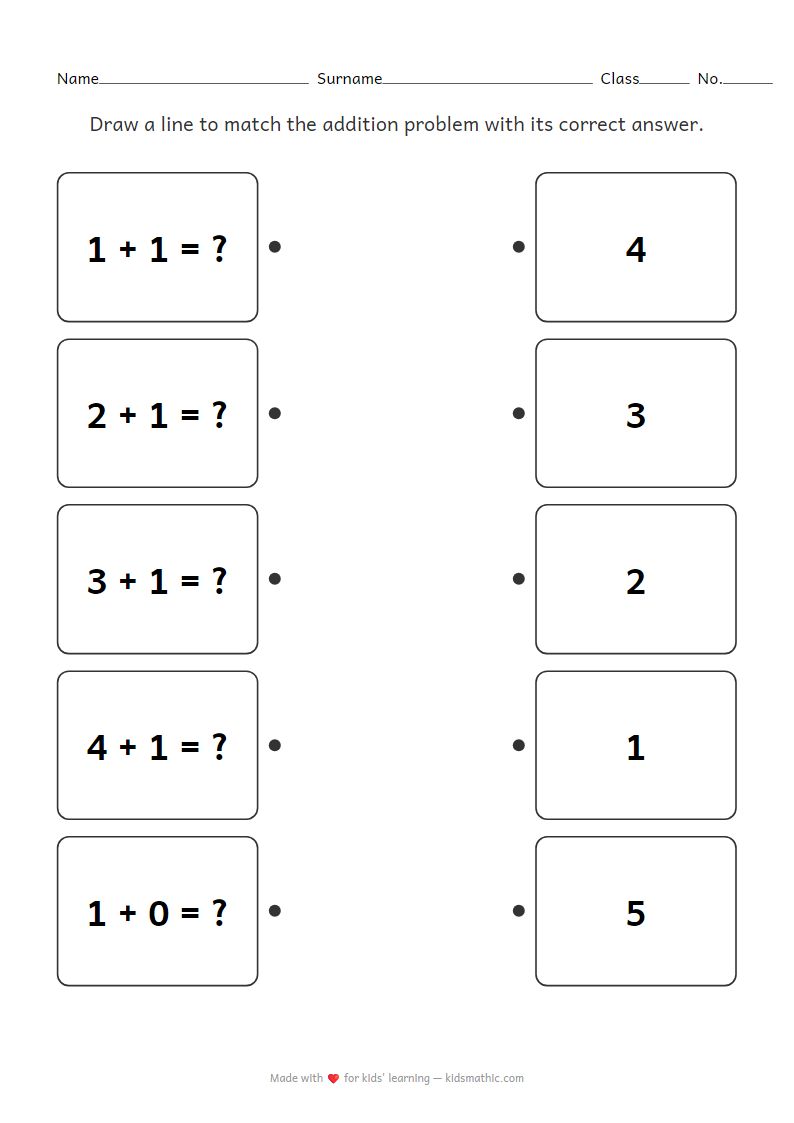 Simple Addition Matching Worksheet up to 5 for Kindergarten Kids