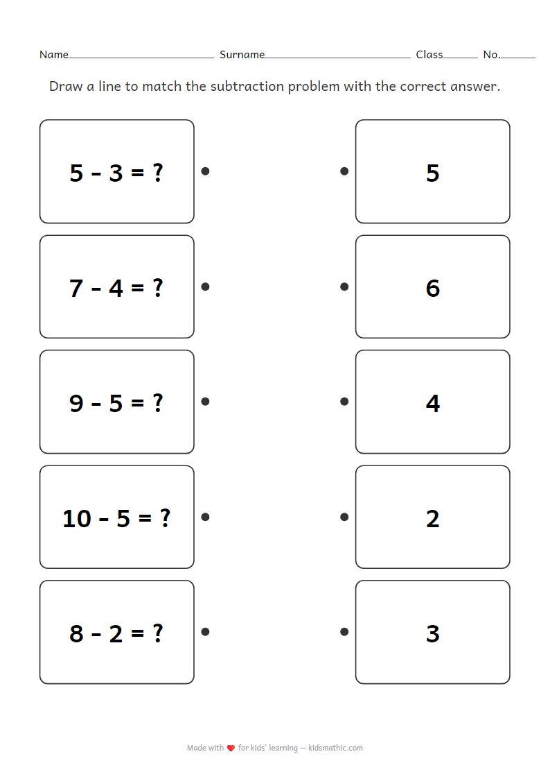 Kindergarten Simple Subtraction Matching Worksheet Early Math Skills