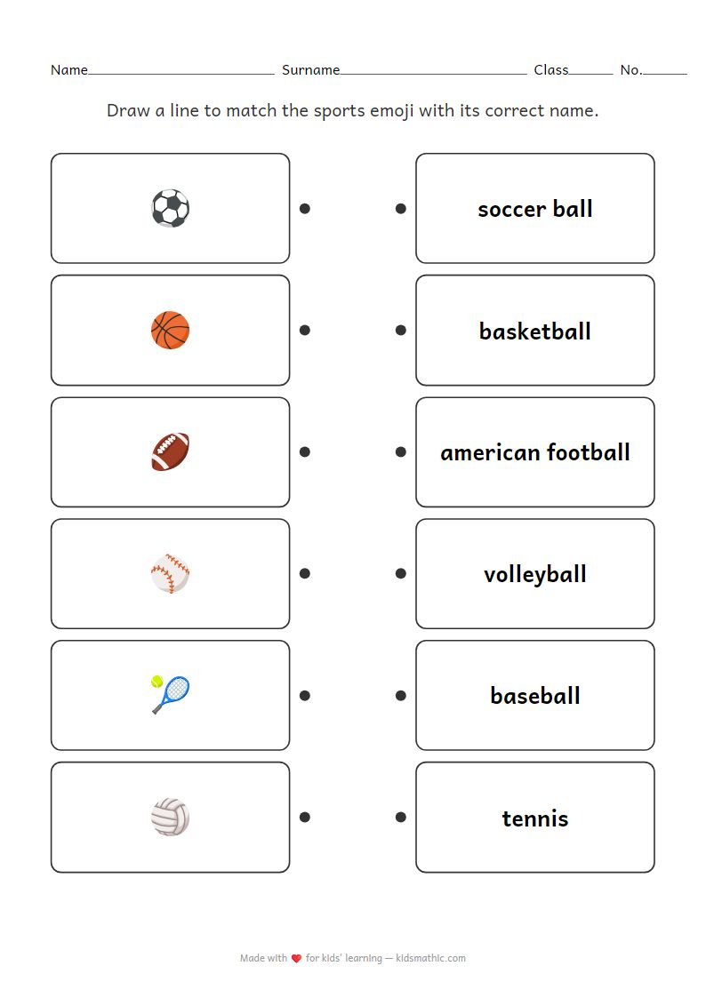 Sports Emoji to Name Matching Worksheet for Preschoolers