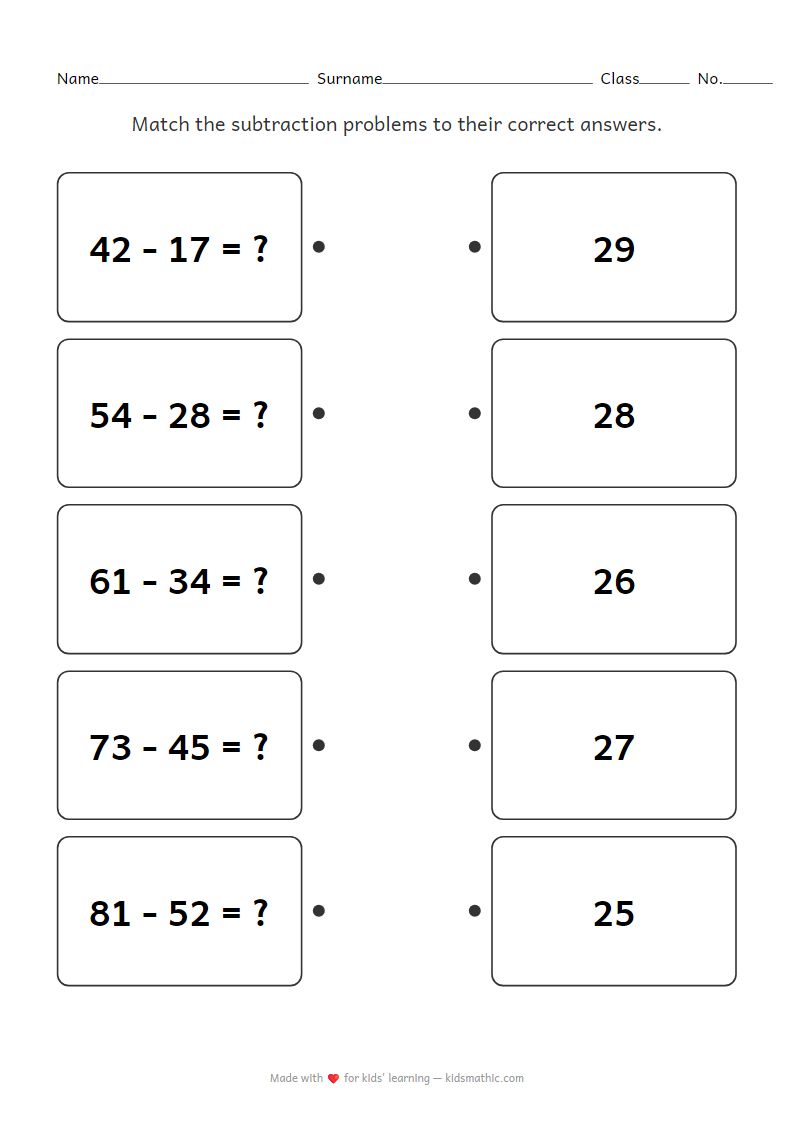 Subtraction Worksheet for Grade 2: 2-Digit Borrowing Match
