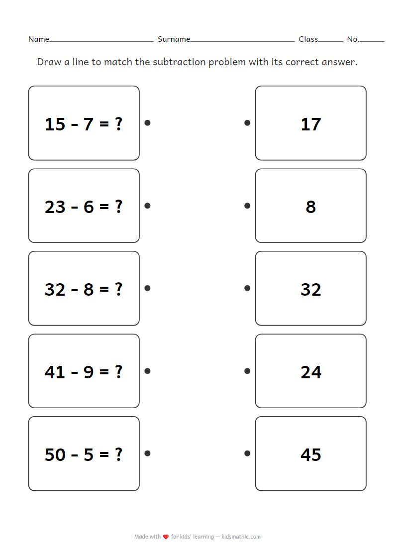 Matching Subtraction Problems with Answers Worksheet for P1