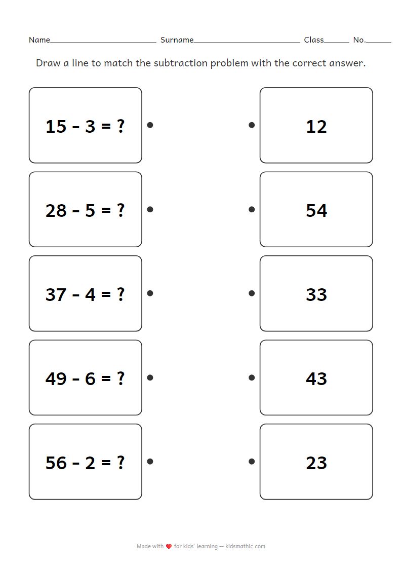 Subtraction Matching Worksheet 2-Digit by 1-Digit for Grade 1