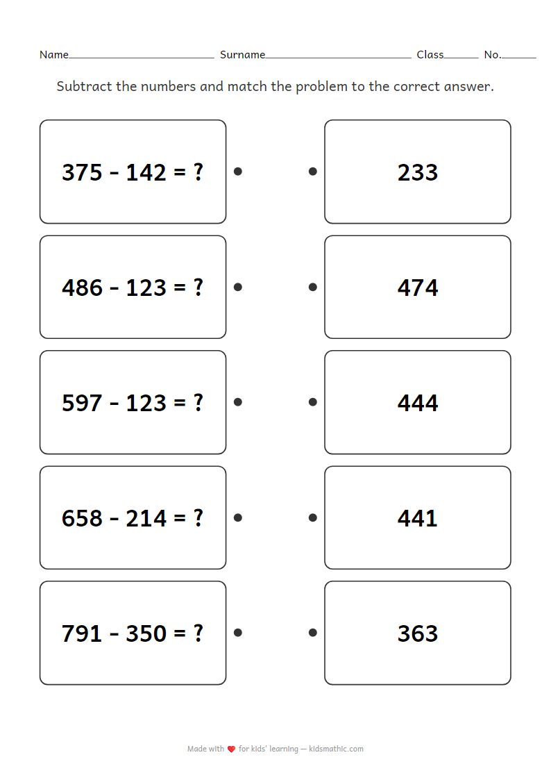 Kindergarten 3-Digit Subtraction (No Borrowing) Matching Worksheet
