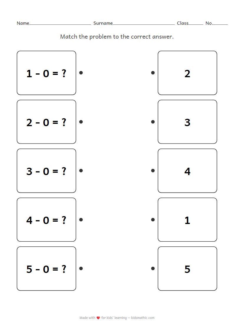 Kindergarten Subtraction by Zero Matching Worksheet