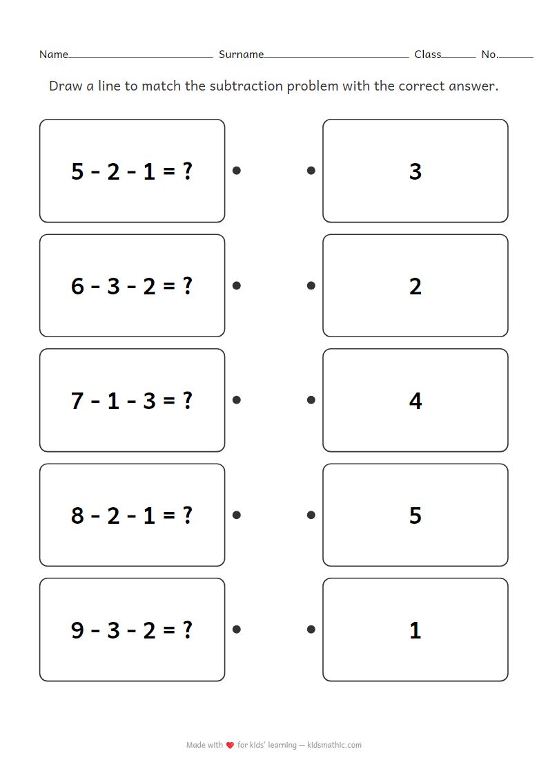 Kindergarten Subtraction Chain Matching Worksheet