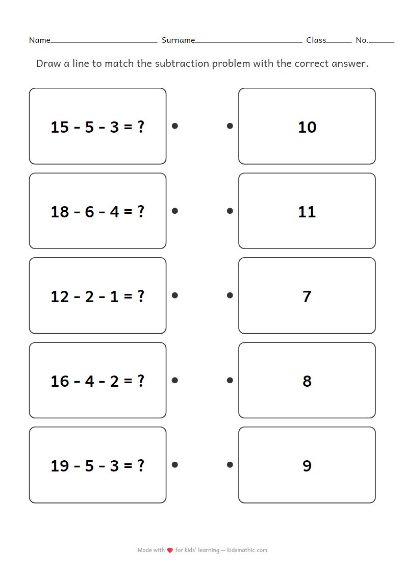 Kindergarten Continuous Subtraction Matching Worksheet