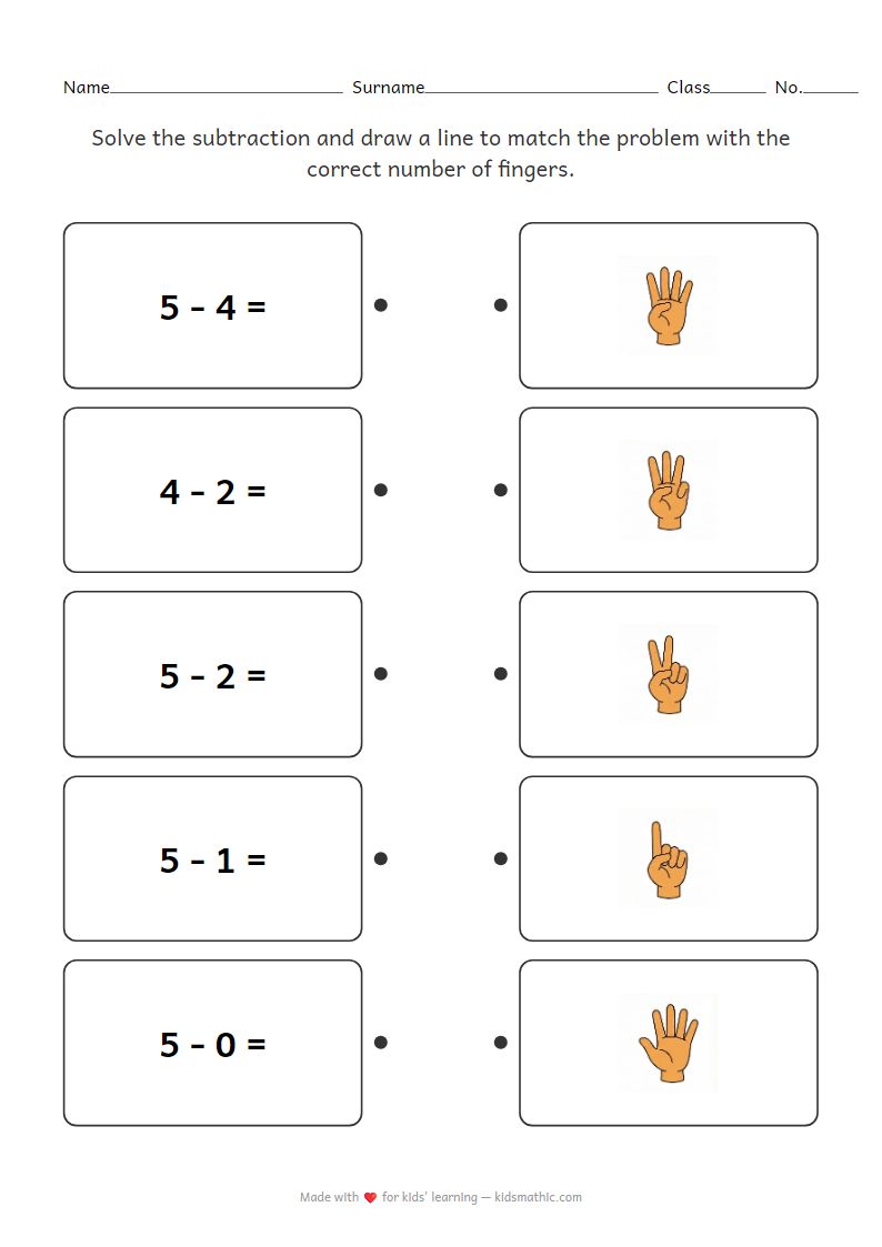 Preschool Subtraction Finger Counting Matching Worksheet