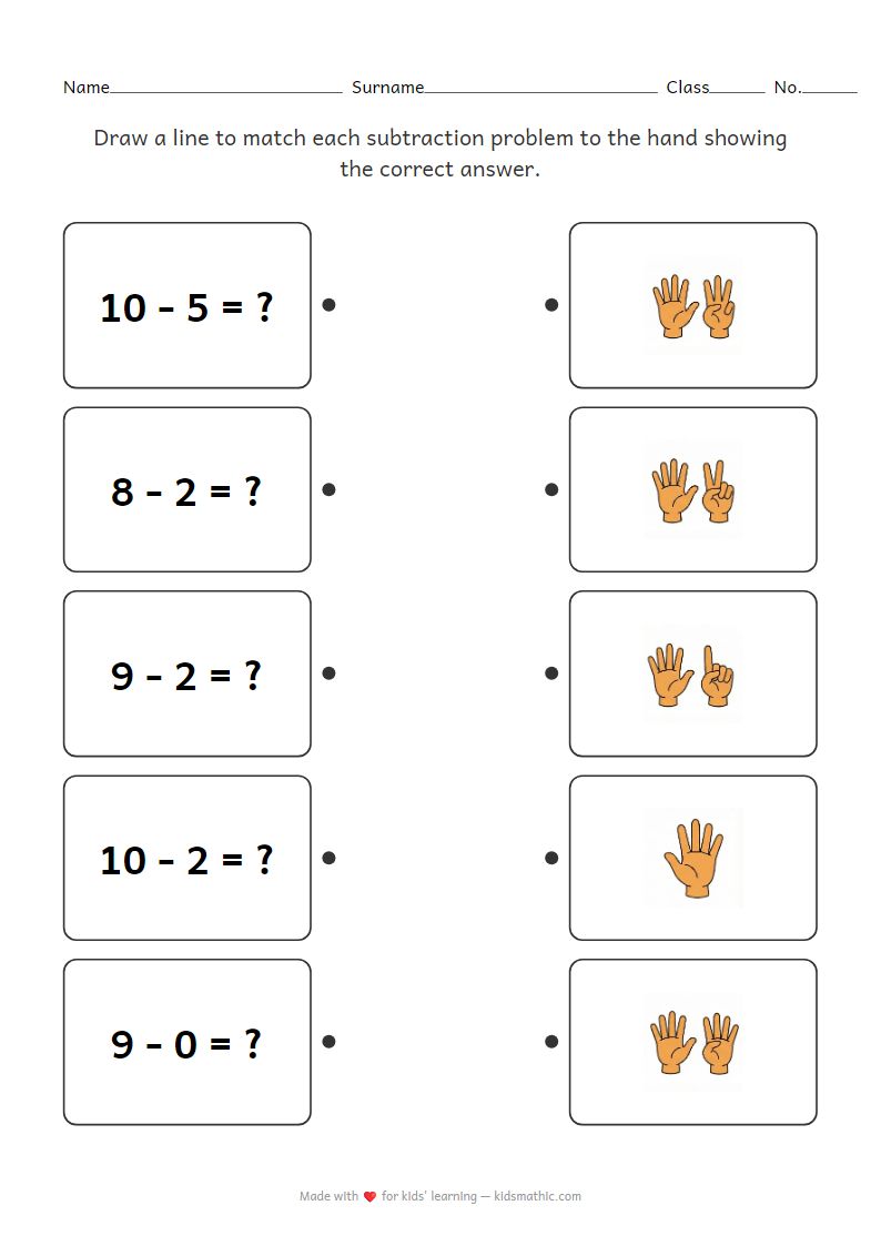Kindergarten Math Worksheet: Matching Subtraction Problems to Finger Counts