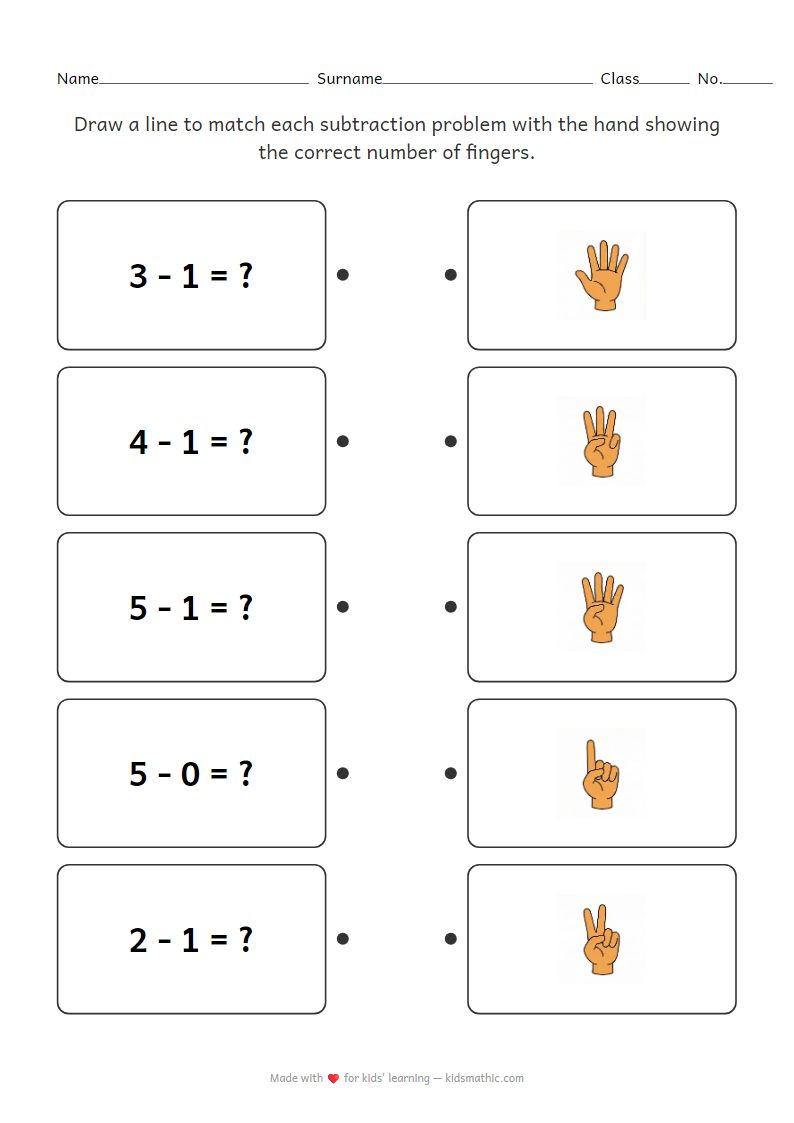 Kindergarten Subtraction Finger Matching Worksheet
