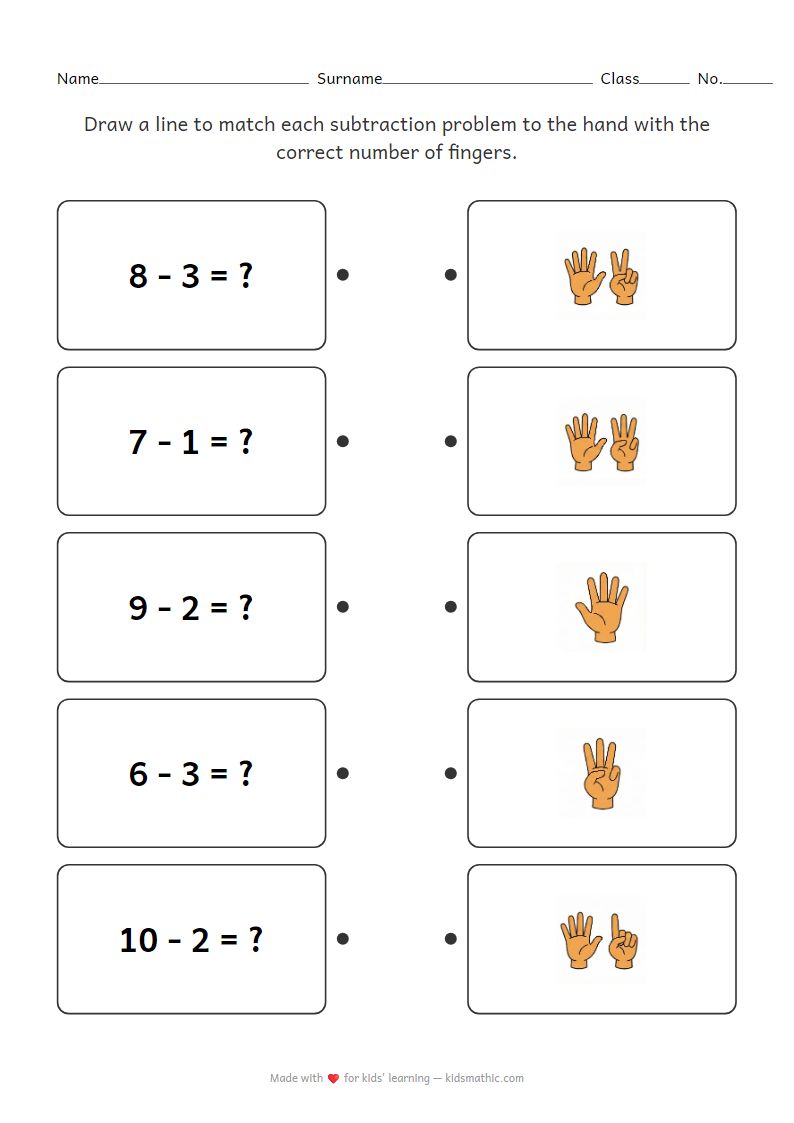 Subtraction Worksheet: Match Problems to Finger Counts for Kindergarten