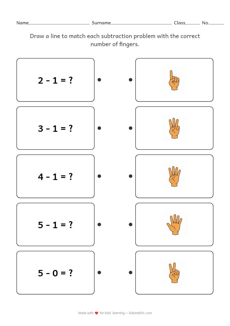 Kindergarten Subtraction Worksheet: Match Simple Problems with Finger Counting