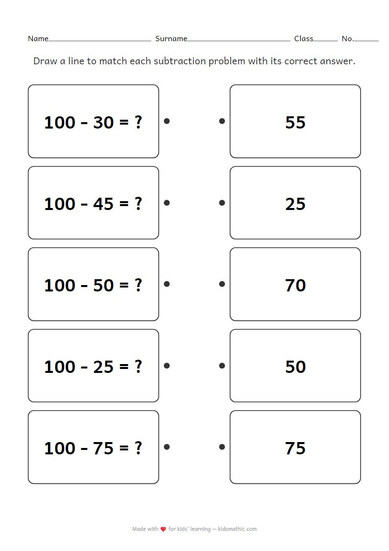 Subtraction from 100 Matching Worksheet for Grade 2 Kids
