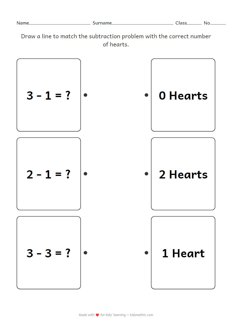 Simple Subtraction Hearts Matching Worksheet for Kindergarten