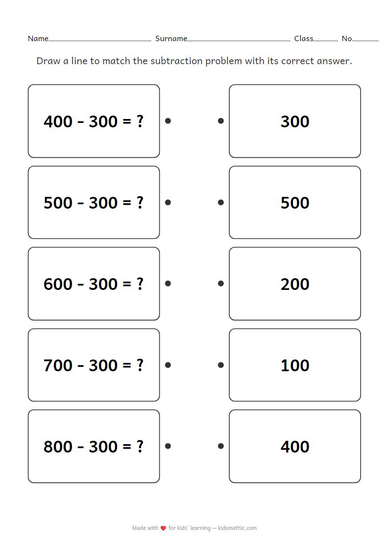 Matching Subtraction Hundreds Problems Worksheet for Grade 2 Kids