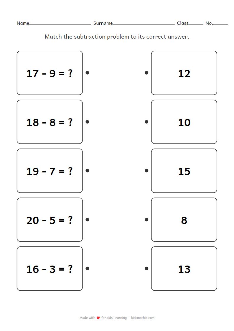 Kindergarten Subtraction Matching Worksheet
