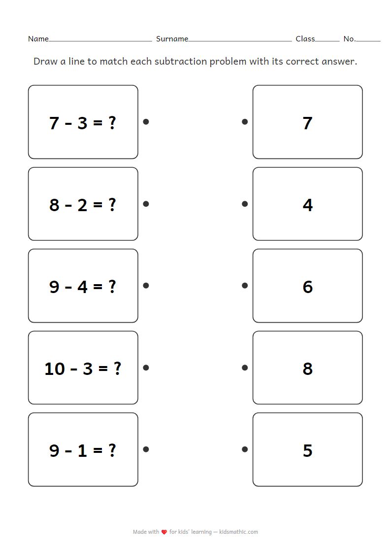 Subtraction Matching Worksheet for Kindergarten
