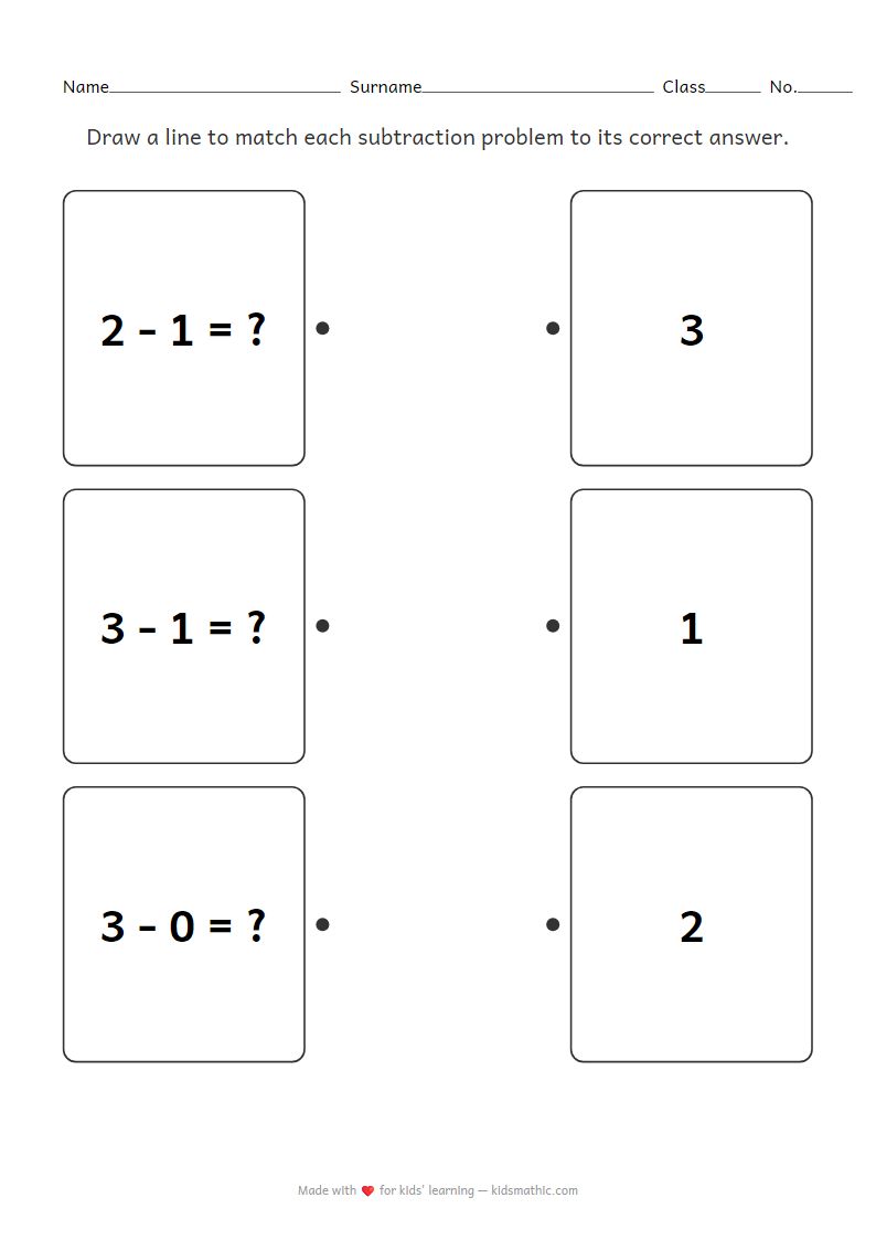 Subtraction Matching Worksheet for Preschoolers