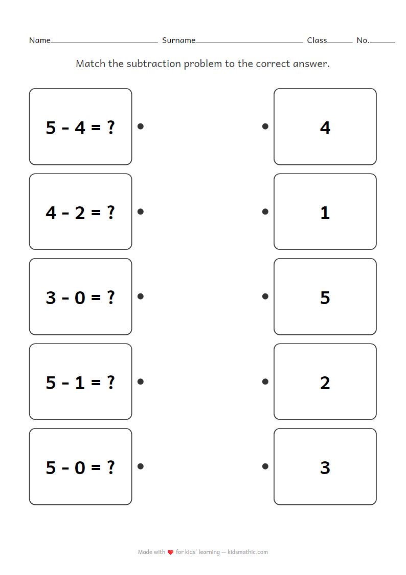 Subtraction Matching Worksheet for Preschoolers