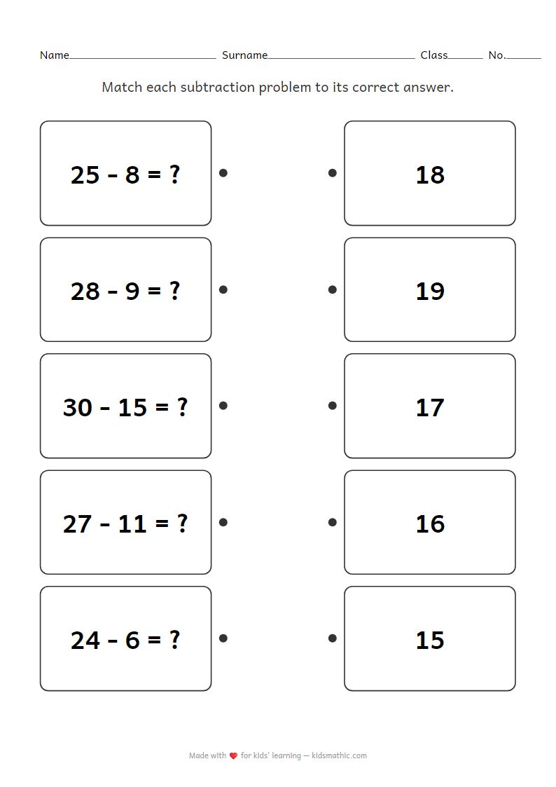 Subtraction Matching Worksheet: Two-Digit Problems for Grade 1