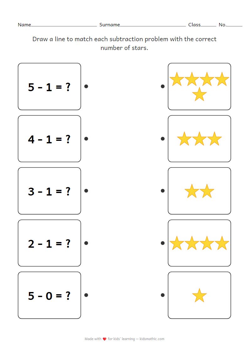 Subtraction Problems and Stars Matching Worksheet for Kindergarten