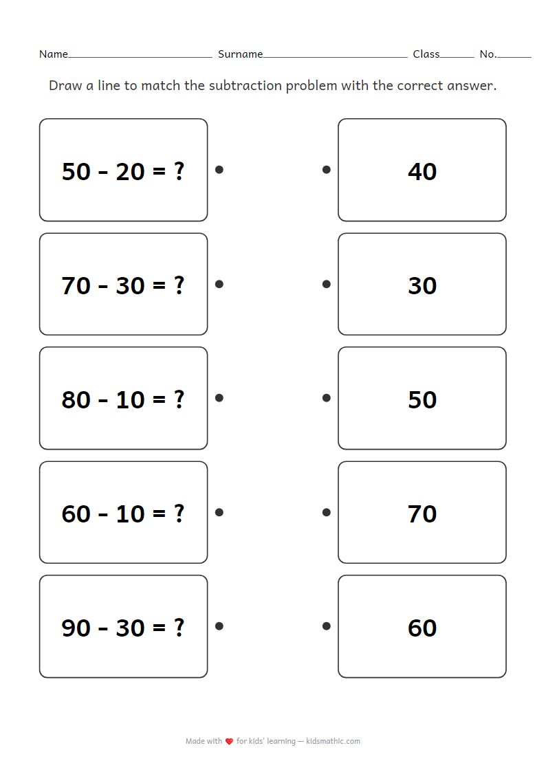 Subtraction Tens Matching Worksheet for Grade 1 Kids