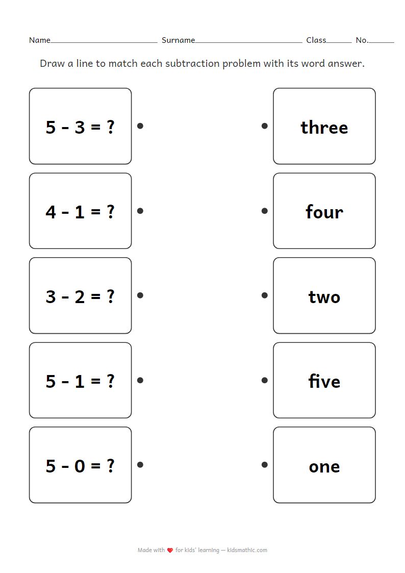 Simple Subtraction Matching Worksheet for Preschoolers (1-5)