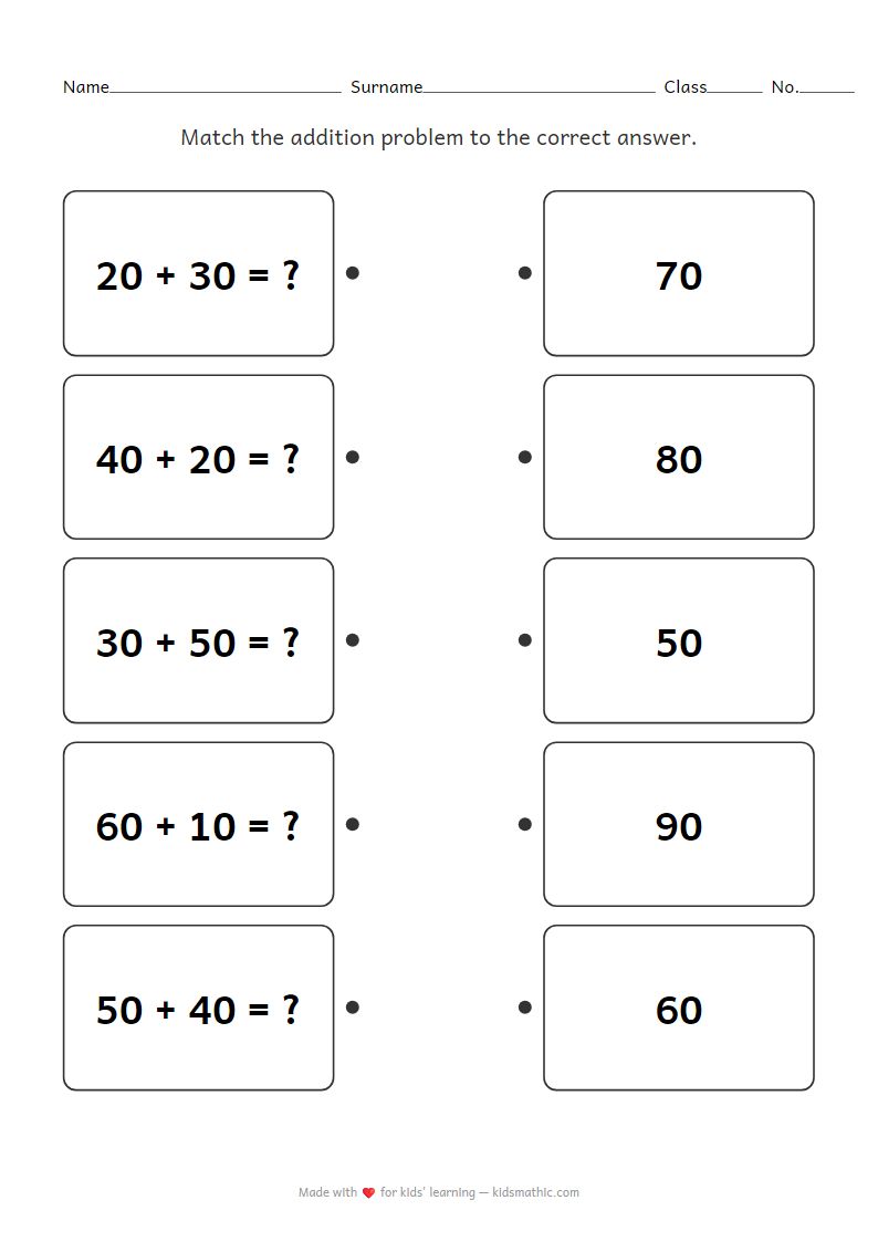 Tens Addition Matching Worksheet for Grade 1 Kids