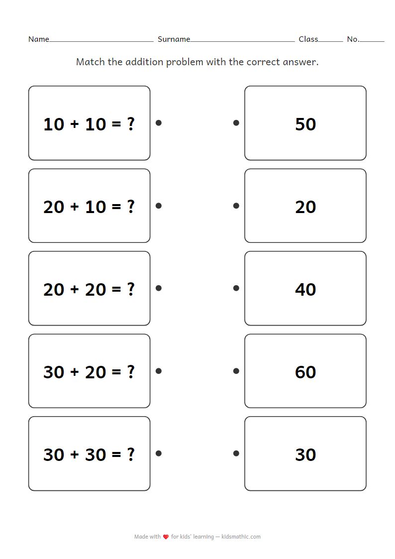 Kindergarten Tens Addition Matching Worksheet