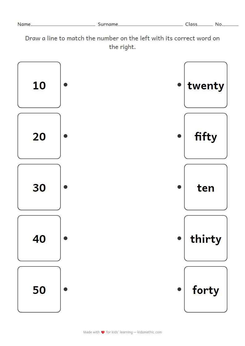 Tens Numbers to Words Matching Worksheet for Preschoolers