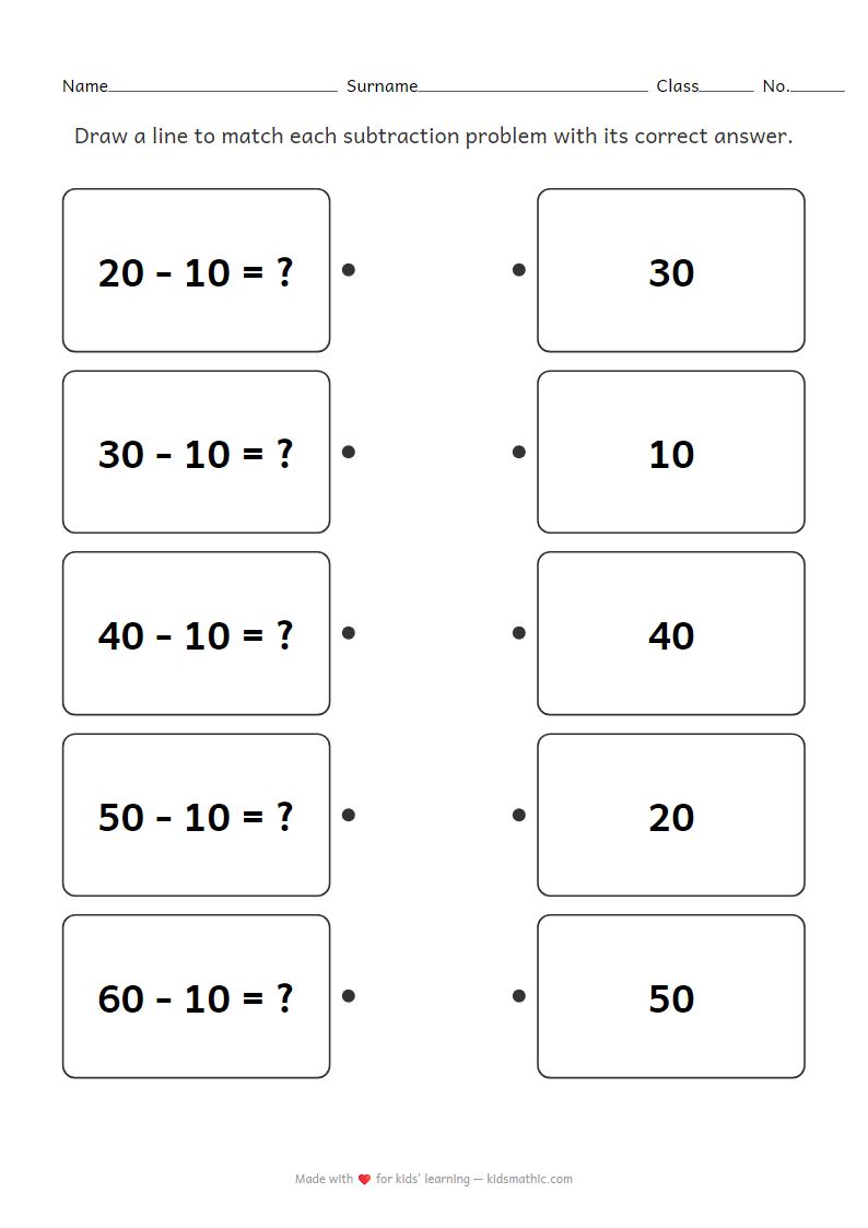 Tens Subtraction Matching Worksheet for Kindergarten