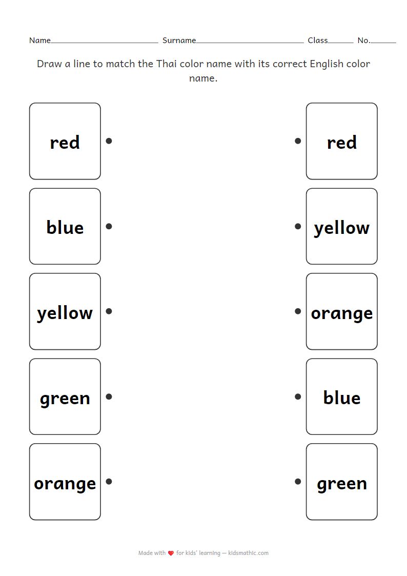 Thai to English Color Name Matching Worksheet for Preschoolers