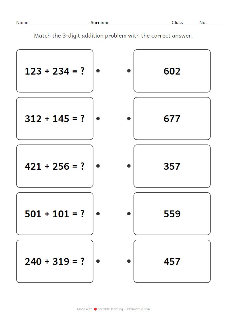 3-Digit Addition Matching Worksheet for Kids | Math Activity