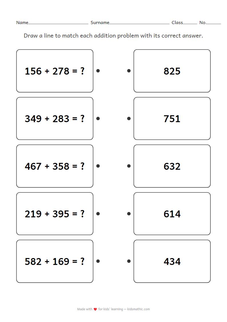 3-Digit Addition Matching Worksheet for Kindergarten